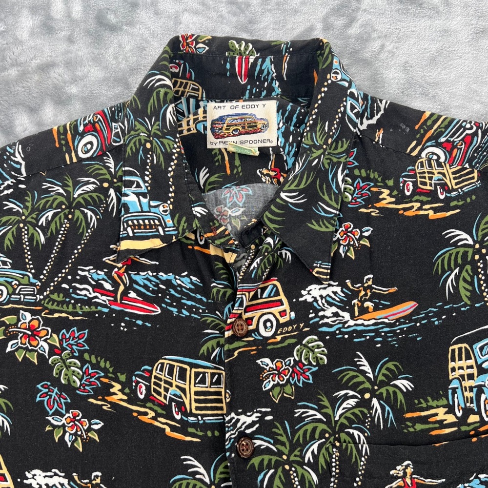 Vtg Reyn Spooner Art of Eddy Y Hawaiian Shirt Mens Large Black Woodie Surf Rayon